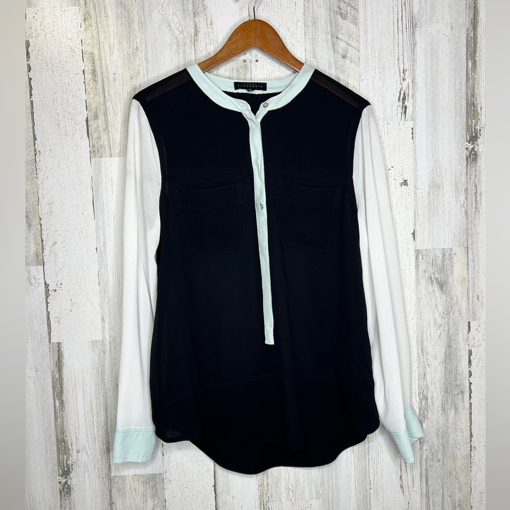 Sanctuary Women's Sheer Long Sleeve Color Block Button Front Top Black White XL